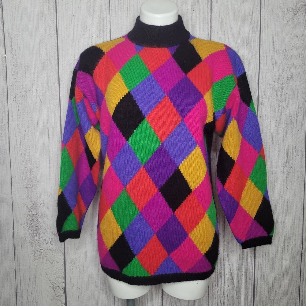 Vtg Rafaella Petites Argyle Color block Angora Lambs Wool Sweater Womens Small